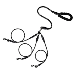 Reflective Nylon Multi-Dog Coupler Leash For Two Three Dogs Anti-Tangle Double Triple Pet Traction Rope With Padded Foam Handle For Walking Training