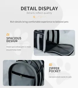 Close-up detail of the spacious breathable pet carrier and functional side zipper pocket.