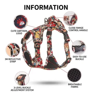 Floral pattern pet harness with breathable mesh lining and reflective strips for small dogs