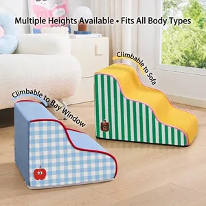 Detailed view of two colorful pet ramps in blue plaid and yellow-green stripes.