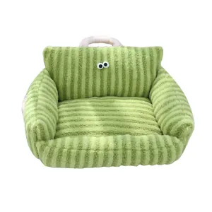 Striped sofa-shaped green pet bed with cute googly eyes for small to medium dogs and cats