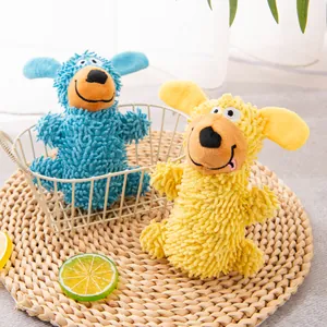 Pair of shaggy plush dog toys in blue and yellow, featuring cute squeaky designs.