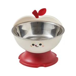 Elevated apple-shaped pet bowl with stainless steel inner bowl and non-slip red base