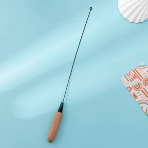 Close-up of flexible metal cat teaser wand wire with smooth ergonomic wooden handle