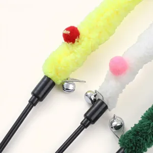 Colorful plush cat teaser wand with bells for interactive pet play and exercise fun