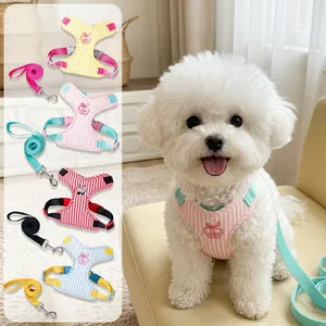 Striped vest-style dog harness and leash set with cherry embroidery for small dogs.