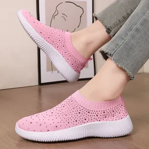 Pink rhinestone fly-knit stretch sock sneakers for women with lightweight MD sole