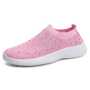 Pink rhinestone sock sneakers for women with breathable mesh and thick white sole