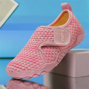 Pink breathable mesh kids summer shoes with protective soft rubber sole and strap