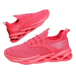 Neonroze blade hardloopschoenen voor heren met ademend flyknit en holle zolen.