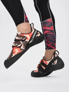 Side detail of camouflage climbing shoes with dual velcro straps and rubber toe cap