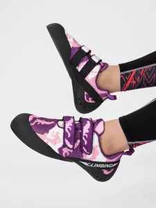 Close-up of professional purple camouflage climbing shoes with durable velcro straps