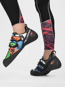 Detailed view of professional colorful climbing shoes with Velcro straps for bouldering