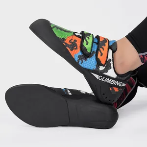Professional climbing shoes with vibrant camo patterns and high-grip rubber soles.