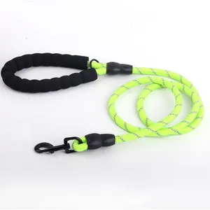 Neon green reflective dog leash with comfortable foam handle and secure black metal clip