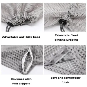 Vista detallada de la bolsa de baño para gatos de malla gris con cremallera y cordones