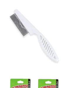 Close-up detail of white pet flea comb with fine metal teeth and ergonomic non-slip handle