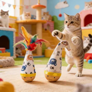 Gioco gatto a dondolo con piume colorate e simpatico motivo a orsetto su base in legno
