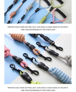 Detail view of multi-colored round rope dog leashes with secure metal clasps