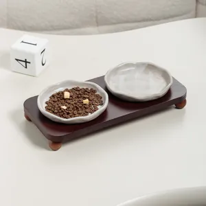 Juego de Cuencos Elevados de Cerámica para Mascotas con Soporte de Roble Textura Arena Anti-Vuelco para Gatos y Perros