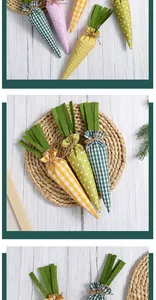 Detailed view of colorful fabric Easter carrots with gingham and polka dot patterns