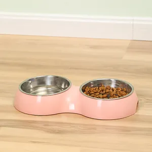 Premium pink double pet bowl set with removable stainless steel inserts for food and water