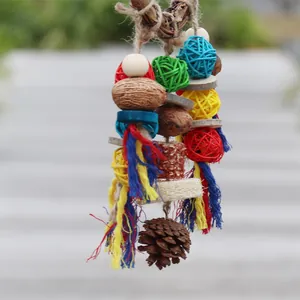 Macro view of parrot chewing toy made of colorful vine balls and natural pine cone.