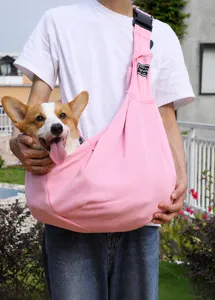 Pink breathable pet sling carrier bag with a wide comfortable shoulder strap for dogs