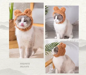 Detailed view of a cute brown plush bear ear headpiece worn by a fluffy ragdoll cat