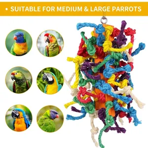Colorful parrot chewing toy featuring durable rope knots and wood block for large birds