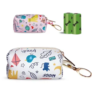 Portable dog poop bag dispenser pouches with cute cartoon prints and green refill rolls