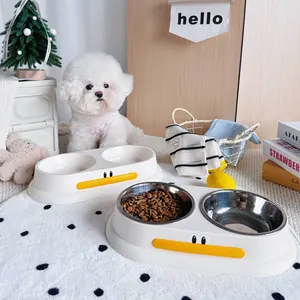 Comederos dobles de acero inoxidable con diseño de pato para perros y gatos pequeños
