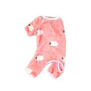 Soft pink coral fleece pet dog jumpsuit with cute white sheep pattern print