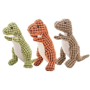 Set of three corn fleece dinosaur dog squeaky toys in green orange and brown for pets
