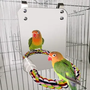 Acrylic bird mirror toy with colorful cotton rope perch and perch stand for parrot cages