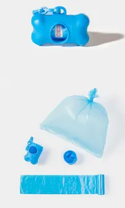 Detail view of blue bone-shaped dog poop bag dispenser and accessories
