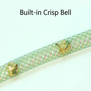 Flexible green nylon mesh tube cat teaser wand toy with built-in golden jingling bells