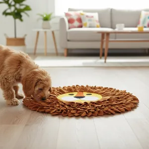 Plush lion-head dog snuffle mat for interactive pet foraging in a cozy home setting.
