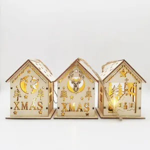 Christmas Wooden Luminous House Ornament LED Light Laser Cut Elk Angel Church Hanging Xmas Tree Decoration Holiday Gift