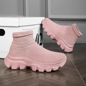 Baskets chaussettes en maille rose pour femmes, bottines respirantes à enfiler