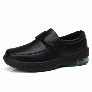 Professional black nurse shoes featuring velcro strap and visible air cushion sole