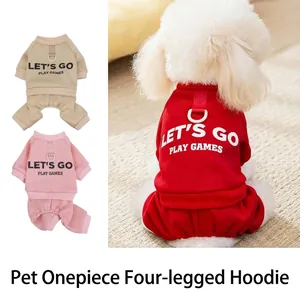Vêtements d'Hiver pour Chiens Polaire Épaissie Combinaison à Quatre Pattes Sweat à Capuche Chaud pour Chiot Avec Boucle en D et Imprimé Lettres
