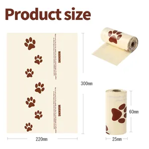 Detailed size specifications for portable pet waste bags in cream with paw prints