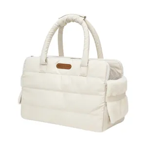 Portable Large Capacity Quilted Pet Carrier Bag For Cats And Dogs Cream Off White Breathable Mesh Travel Tote Handbag Plush Trim For Small Pets
