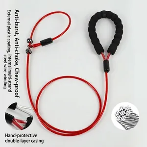 Detail showing multi-strand steel wire core and protective red rubber coating of dog leash
