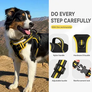 Detailed view of yellow and black reflective dog harness with safety lock and nylon handle