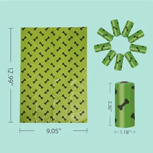 Detailed size chart for green biodegradable EPI dog waste bags with bone pattern