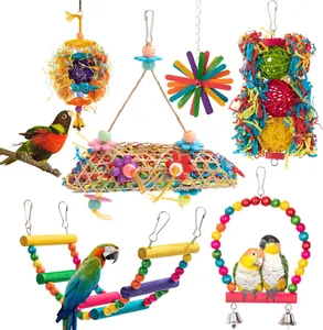 Comprehensive 6-piece colorful bird toy set featuring wooden swing, ladder, and vine balls