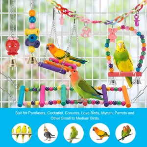 Comprehensive 11-piece bird toy set with colorful swings, ladders, and bells for bird cages.