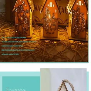 Nahaufnahme von warmen LED-Weihnachtshäusern aus Holz mit Weihnachtsmann-Schnitzereien